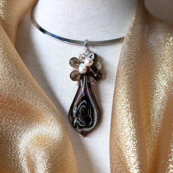 Murano Glass Cluster Pendant with Pearls and Gemstones - Sterling Silver - Picture 1 of 5